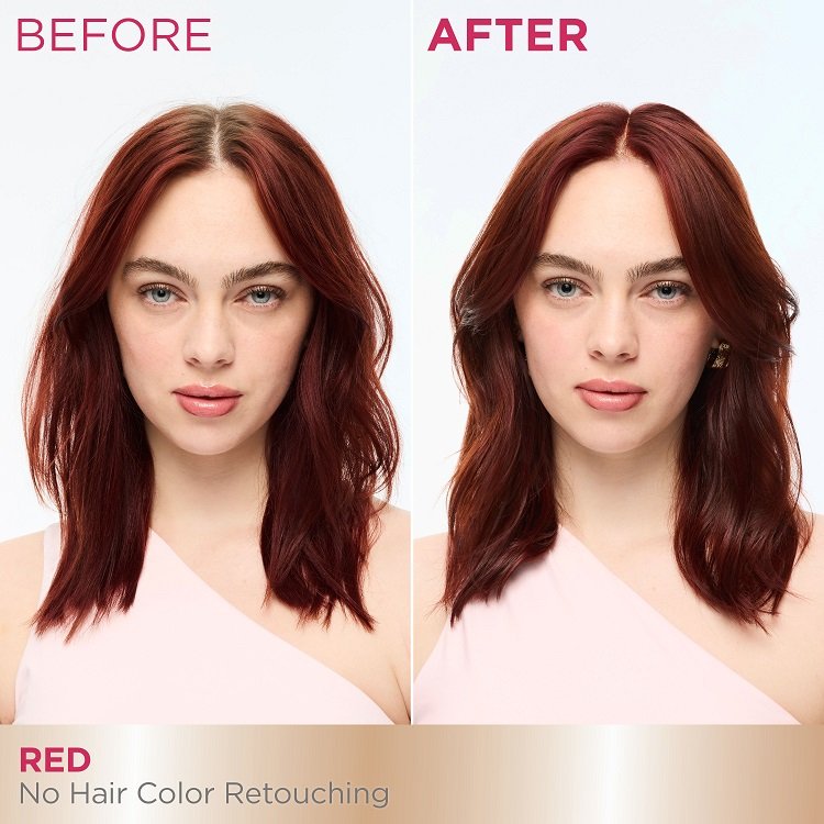 A 'Before and After' comparison of a smiling woman. The 'Before' image shows her with light brown hair at her roots, while the 'After' image shows her hair fully red, covering all the new hair growth.