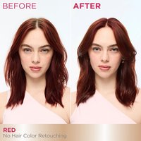 A 'Before and After' comparison of a smiling woman. The 'Before' image shows her with light brown hair at her roots, while the 'After' image shows her hair fully red, covering all the new hair growth.