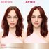 A 'Before and After' comparison of a smiling woman. The 'Before' image shows her with light brown hair at her roots, while the 'After' image shows her hair fully red, covering all the new hair growth.
