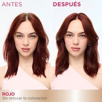 A 'Before and After' comparison of a smiling woman. The 'Before' image shows her with light brown hair at her roots, while the 'After' image shows her hair fully red, covering all the new hair growth.