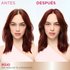 A 'Before and After' comparison of a smiling woman. The 'Before' image shows her with light brown hair at her roots, while the 'After' image shows her hair fully red, covering all the new hair growth.