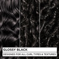 Three panels demonstrating the Glossy Black color on different hair patterns: wavy, curly, and coily. Text reads: "DESIGNED FOR ALL CURL TYPES & TEXTURES."