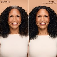 A split "Before and After" graphic showing gray roots transformed into uniform, shiny Glossy Black curls.