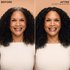 A split "Before and After" graphic showing gray roots transformed into uniform, shiny Glossy Black curls.