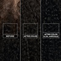 Three close-up hair panels showing the progression from gray curls ("BEFORE") to colored hair ("AFTER COLOR") to shiny curls ("AFTER COLOR & OIL AMPOULE").