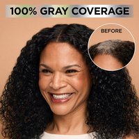 A smiling woman with full dark curls; an inset "BEFORE" circle shows gray roots that the product has successfully covered.