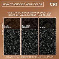 A "How to Choose Your Color" chart for Shade CR1 showing expected black results based on dark brown, darkest brown or black starting hair colors.
