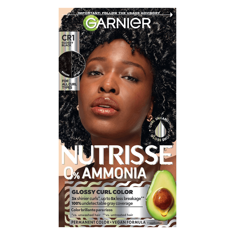 Front of Garnier Nutrisse 0% Ammonia Glossy Curl Color box in shade Black CR1, featuring a woman with coily hair.