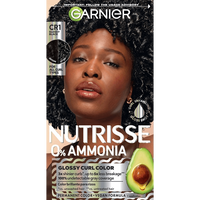 A vertical box of Garnier Nutrisse 0% Ammonia Glossy Curl Color in Shade CR1 Glossy Black, featuring a Black woman with curly hair and an avocado graphic.