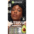 A vertical box of Garnier Nutrisse 0% Ammonia Glossy Curl Color in Shade CR1 Glossy Black, featuring a Black woman with curly hair and an avocado graphic.