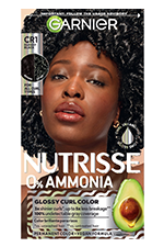 A vertical box of Garnier Nutrisse 0% Ammonia Glossy Curl Color in Shade CR1 Glossy Black, featuring a Black woman with curly hair and an avocado graphic.