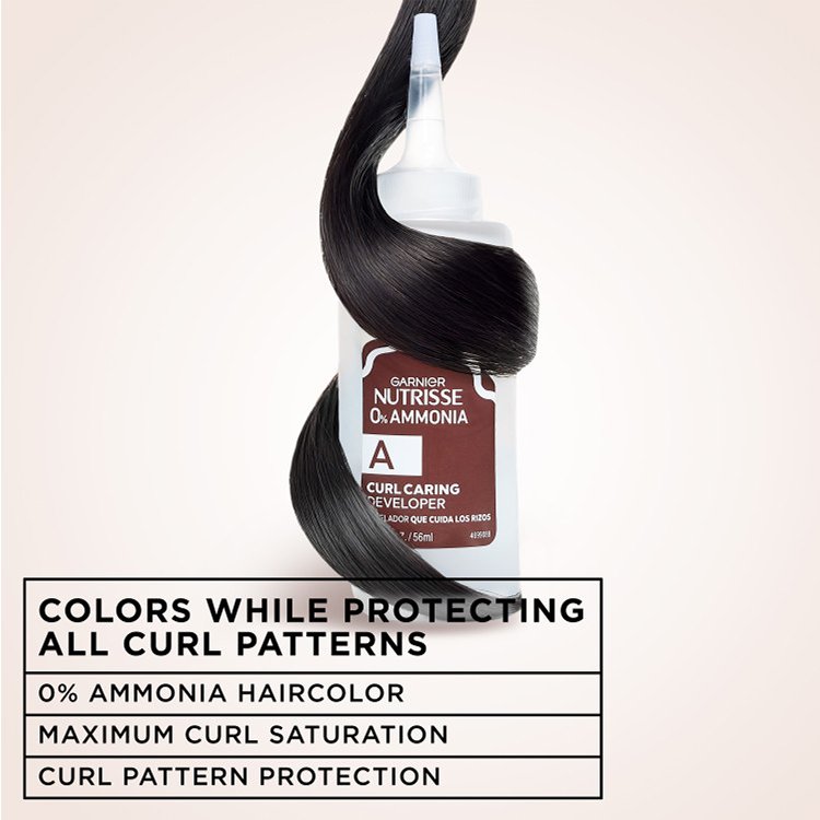 Garnier Curl Caring Developer bottle with black hair wrapped around it, highlighting 0% ammonia and curl pattern protection.