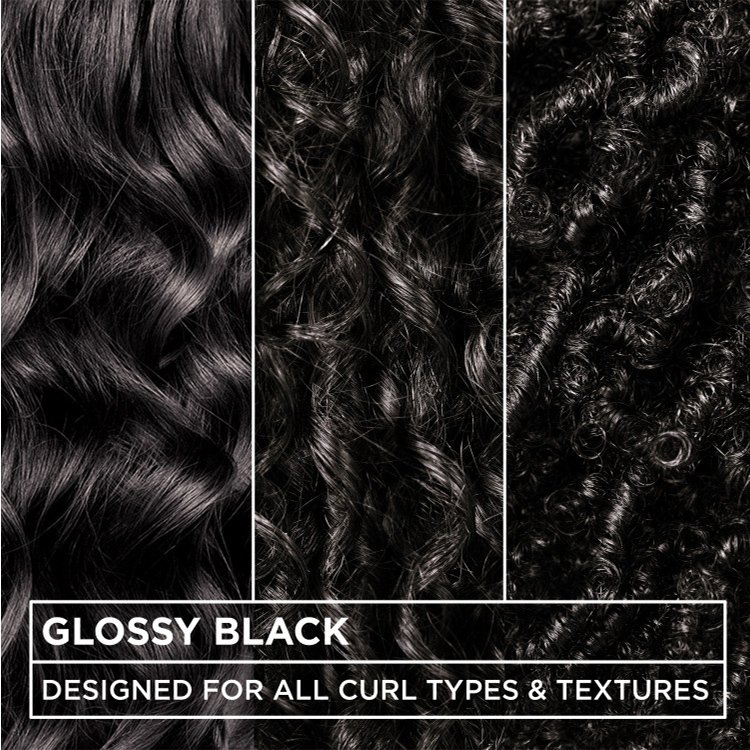 Three close-up textures of glossy black curly hair, designed for all curl types.