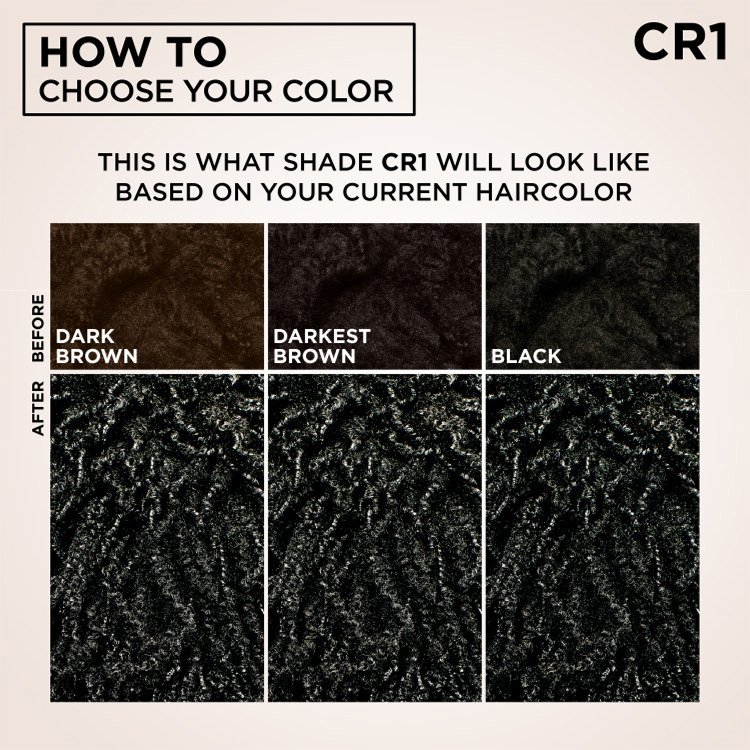 Hair color chart for shade CR1 showing how it looks on dark brown, darkest brown, and black hair.