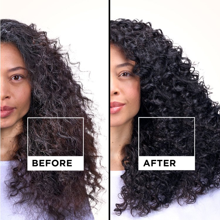 Before and After comparison of a woman's curly hair, showing gray coverage and enhanced curls.