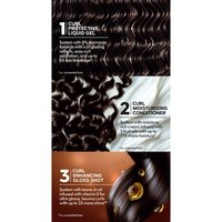 A diagram showing the three-step application system: 1. Protective Liquid-Gel, 2. Moisturizing Conditioner, and 3. Enhancing Gloss Shot.