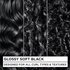 Three close-up hair panels demonstrating the Glossy Soft Black color on wavy, curly, and coily textures. Text reads: "DESIGNED FOR ALL CURL TYPES & TEXTURES."