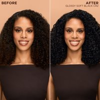 A split "Before and After" graphic showing hair with visible gray roots transformed into shiny, uniform Glossy Soft Black curls.