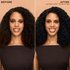 A split "Before and After" graphic showing hair with visible gray roots transformed into shiny, uniform Glossy Soft Black curls.