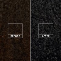 Two close-up hair panels showing the progression from graying dark hair labeled "BEFORE" to vibrant, dark hair labeled "AFTER."