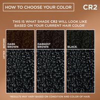 A "How to Choose Your Color" chart for Shade CR2 showing expected black results based on dark brown, darkest brown or black starting hair colors.