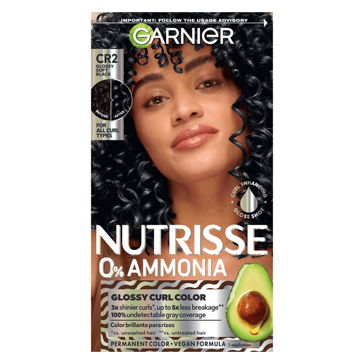 Front of Garnier Nutrisse 0% Ammonia Glossy Curl Color box in shade Soft Black CR2, featuring a woman with curly hair.