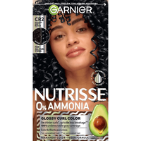 Vertical box of Garnier Nutrisse 0% Ammonia Glossy Curl Color in Shade CR2 Glossy Soft Black, featuring a woman with dark curls and an avocado graphic.