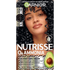Vertical box of Garnier Nutrisse 0% Ammonia Glossy Curl Color in Shade CR2 Glossy Soft Black, featuring a woman with dark curls and an avocado graphic.