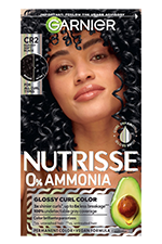 Vertical box of Garnier Nutrisse 0% Ammonia Glossy Curl Color in Shade CR2 Glossy Soft Black, featuring a woman with dark curls and an avocado graphic.