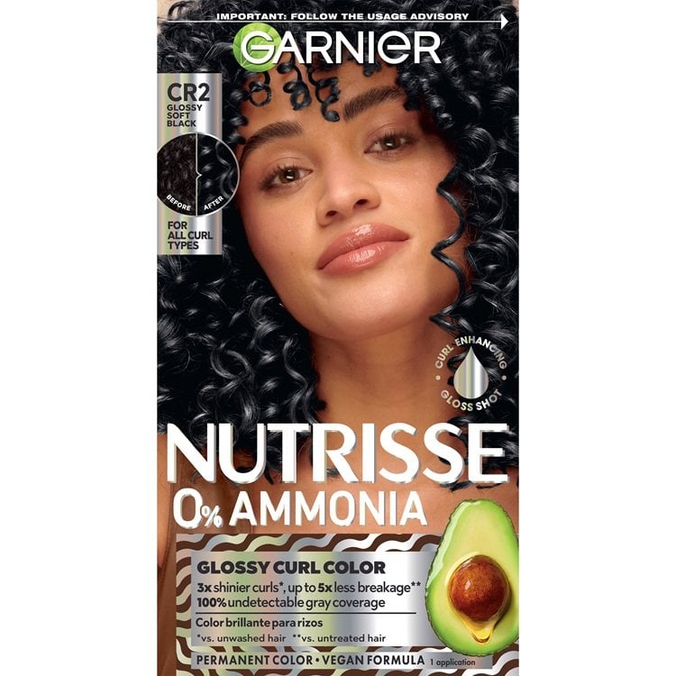 Nutrisse 0% Ammonia Glossy Curl Color - Glossy Soft Black for Curly Hair - Garnier