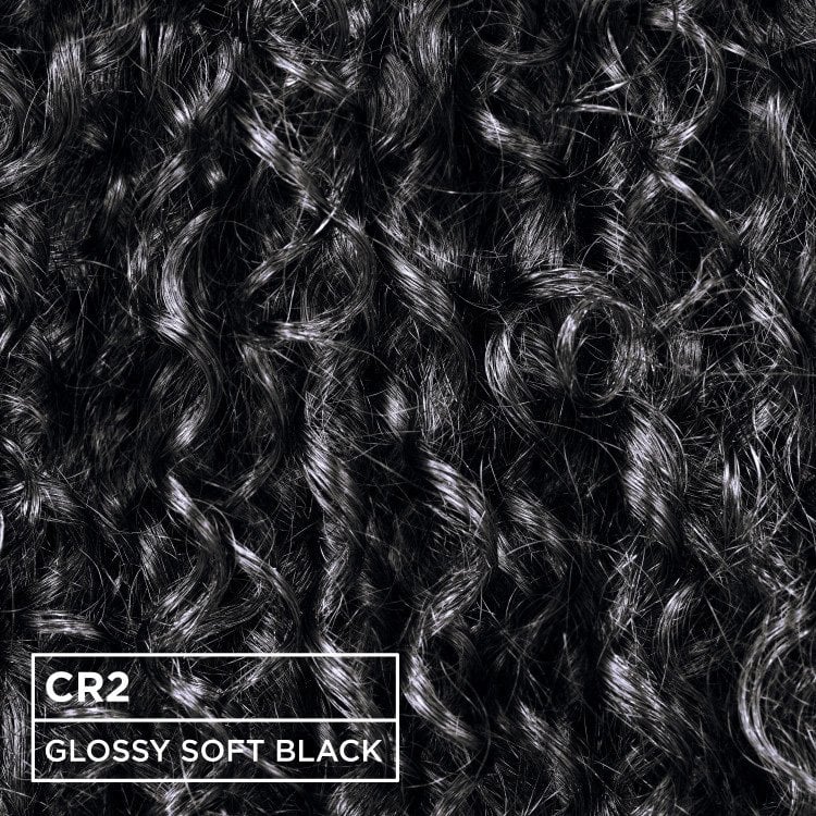 Three close-up textures of glossy soft black curly hair, designed for all curl types.