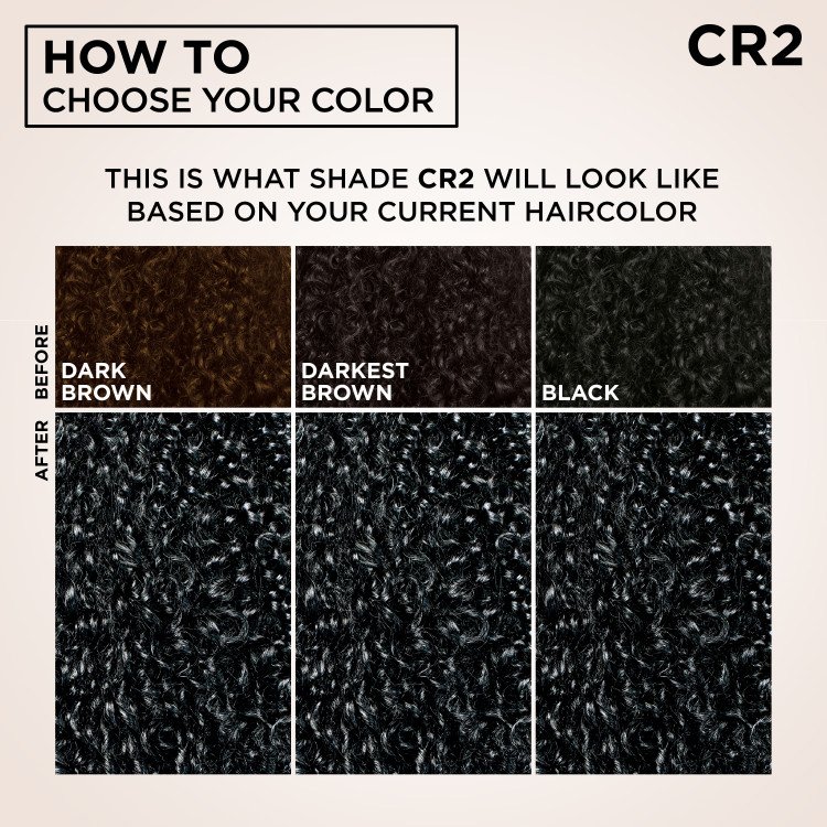 Hair color chart for shade CR2 showing how it looks on dark brown, darkest brown, and black hair.