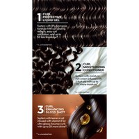 A diagram showing the three-step application system: 1. Protective Liquid-Gel, 2. Moisturizing Conditioner, and 3. Enhancing Gloss Shot.
