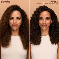 A split "Before and After" graphic showing dark hair with gray roots transformed into uniform, shiny Glossy Dark Brown curls.