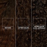 Three close-up panels showing the progression from gray curls ("BEFORE") to newly colored curls ("AFTER COLOR") to intensely shiny curls ("AFTER COLOR & OIL AMPOULE").