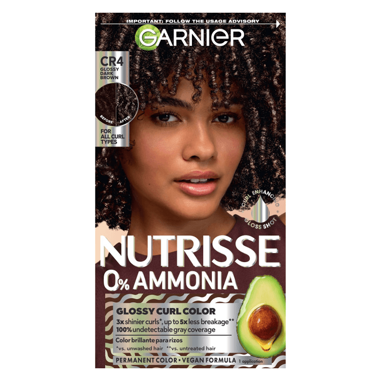Front of Garnier Nutrisse 0% Ammonia Glossy Curl Color box in shade Dark Brown CR4, featuring a woman with curly hair.