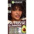Vertical box of Garnier Nutrisse 0% Ammonia Glossy Curl Color in Shade CR4 Glossy Dark Brown, featuring a woman with voluminous dark brown curls and an avocado graphic.