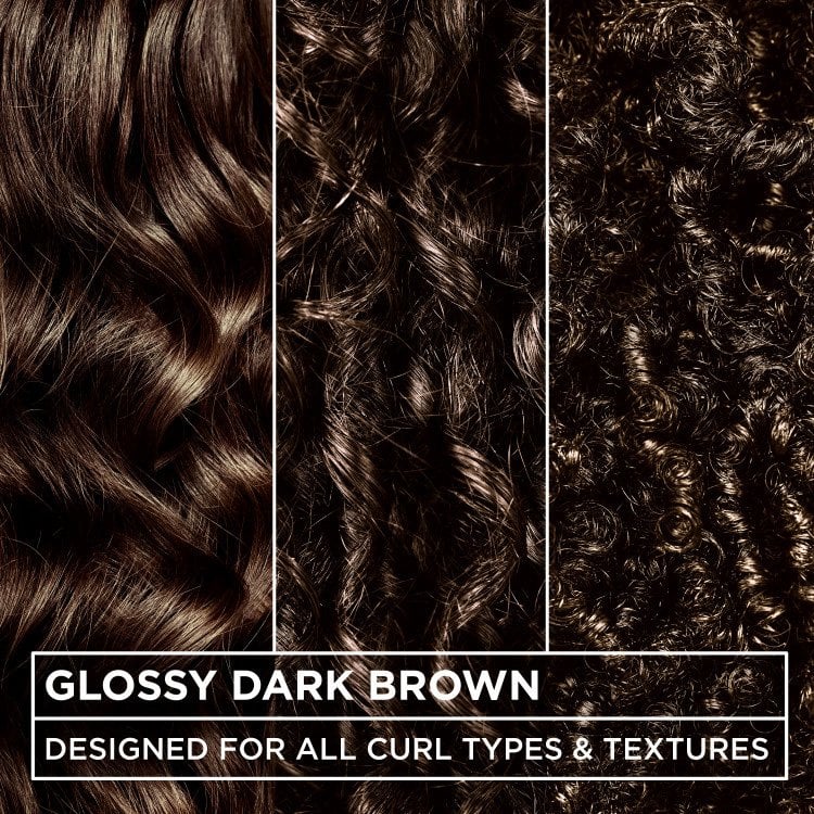 Three close-up textures of glossy dark brown curly hair, designed for all curl types.