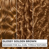 Three close-up swatches demonstrating the Glossy Golden Brown color on wavy, curly, and coily hair. Text reads: "DESIGNED FOR ALL CURL TYPES & TEXTURES."