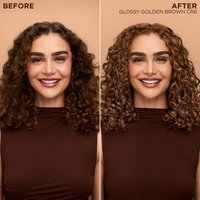 A split "Before and After" graphic showing medium brown hair transformed into shiny, uniform Glossy Golden Brown curls.