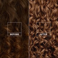 Two close-up hair panels labeled "BEFORE" (showing dull, graying brown hair) and "AFTER" (showing vibrant golden brown curls).