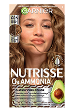 Vertical box of Garnier Nutrisse 0% Ammonia Glossy Curl Color in Shade CR6 Glossy Golden Brown, featuring a woman with light brown curls and an avocado graphic.