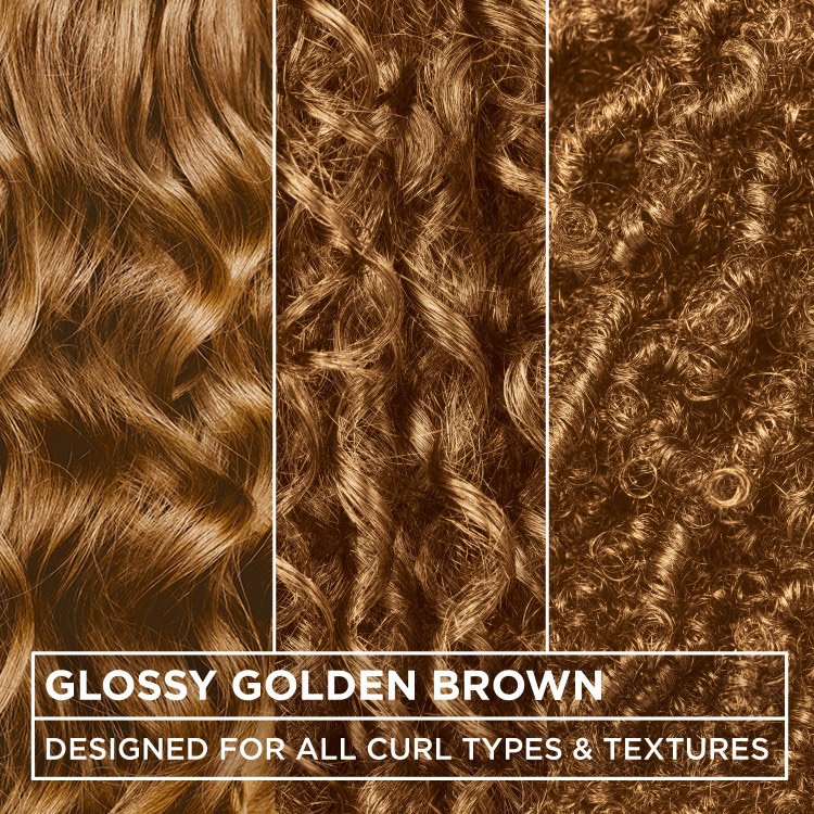 Three close-up textures of glossy golden brown curly hair, designed for all curl types.