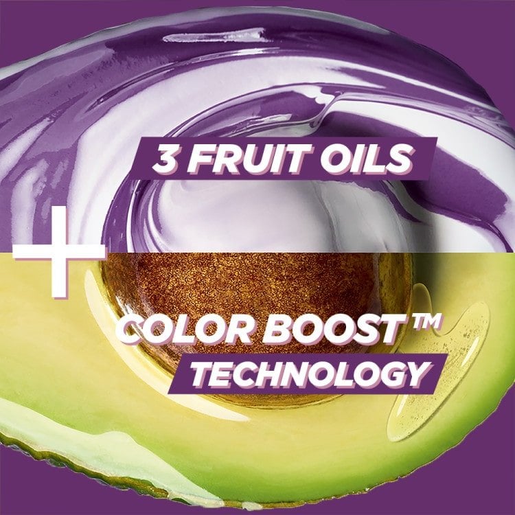 Garnier Nutrisse Ultra Color's Color Boost Technology, featuring three fruit oils and a vibrant purple swirl.