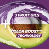 Garnier Nutrisse Ultra Color's Color Boost Technology, featuring three fruit oils and a vibrant purple swirl.
