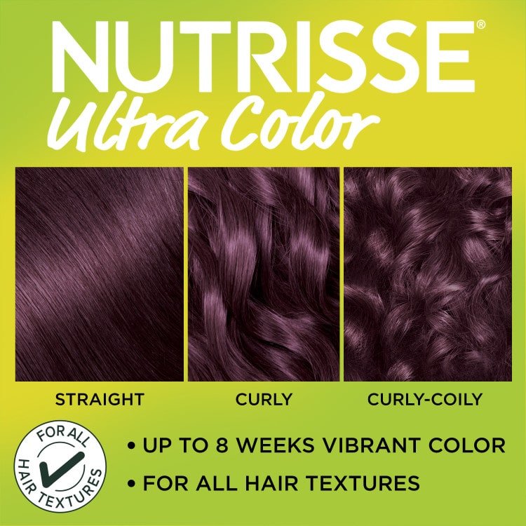 Garnier Nutrisse Ultra Color results on straight, curly, and curly-coily hair textures, showcasing the vibrant purple shade.