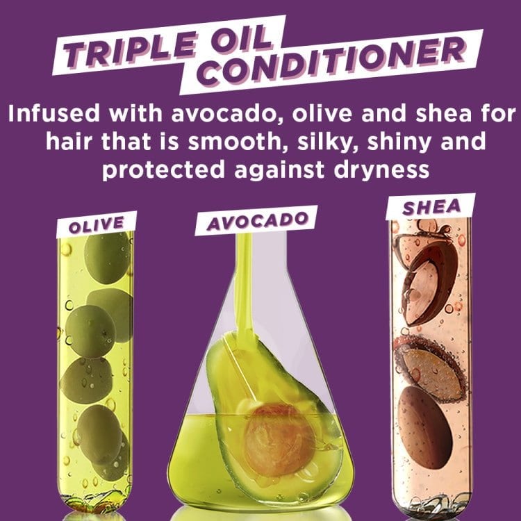 Garnier Nutrisse's Triple Oil Conditioner, infused with avocado, olive, and shea for smooth, silky, and protected hair. Test tubes containing each oil are displayed.