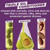 Garnier Nutrisse's Triple Oil Conditioner, infused with avocado, olive, and shea for smooth, silky, and protected hair. Test tubes containing each oil are displayed.