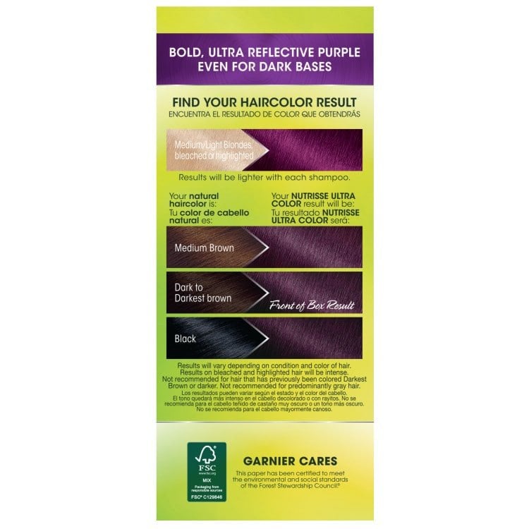 Detail from the back of Garnier Nutrisse Ultra Color instructions showing shade variations on different base hair colors.
