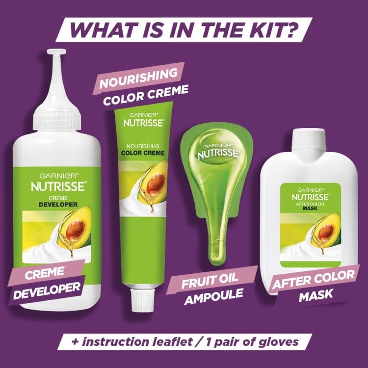 Contents of the Garnier Nutrisse Ultra Color kit: creme developer, nourishing color creme, fruit oil ampoule, and after-color mask.